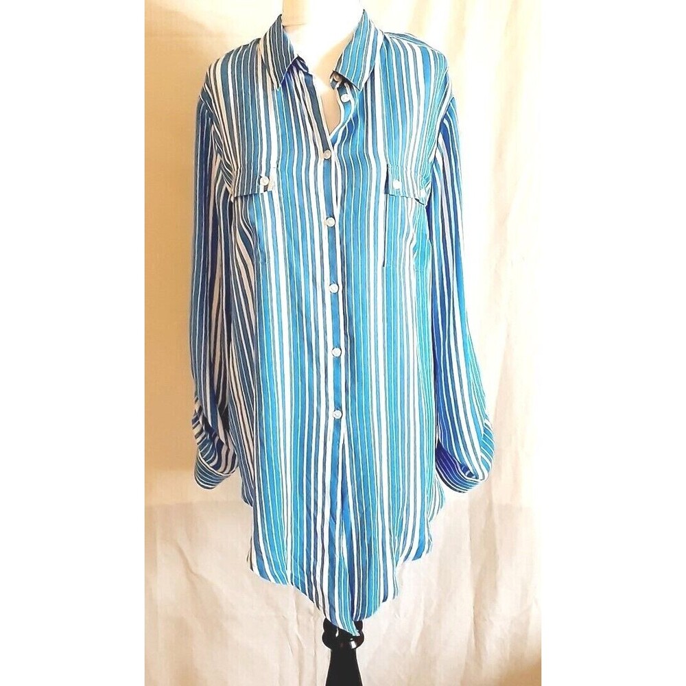 Jones New York Signature Shirt 1X Blue Stripe Button Front Long Roll Tab Sleeve